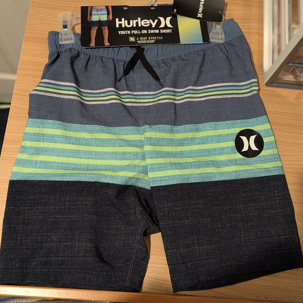 Hurley Youth Pull-On Swim Shorts - Blue and Green Boys 10/12 New with Tags